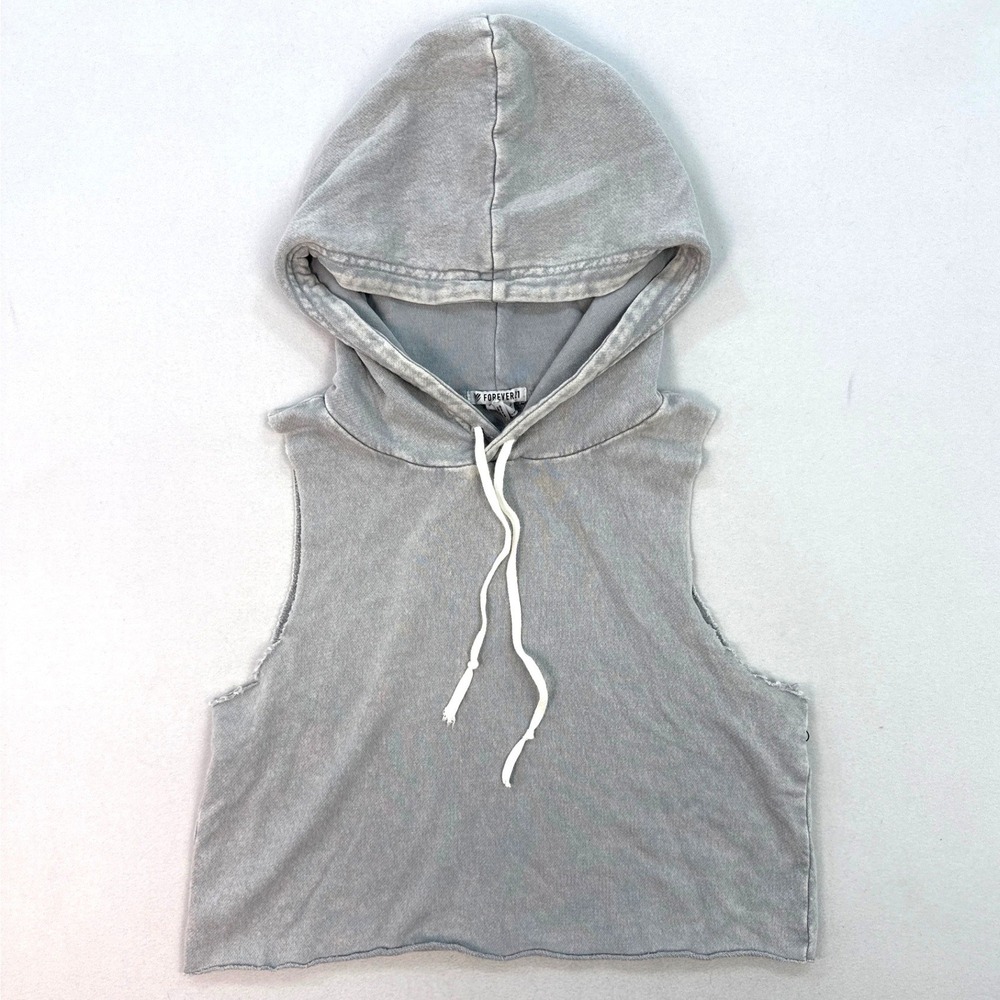 Forever 21 Gray Sleeveless Cropped Hoodie Raw Hem Small Faded Wash Pullover